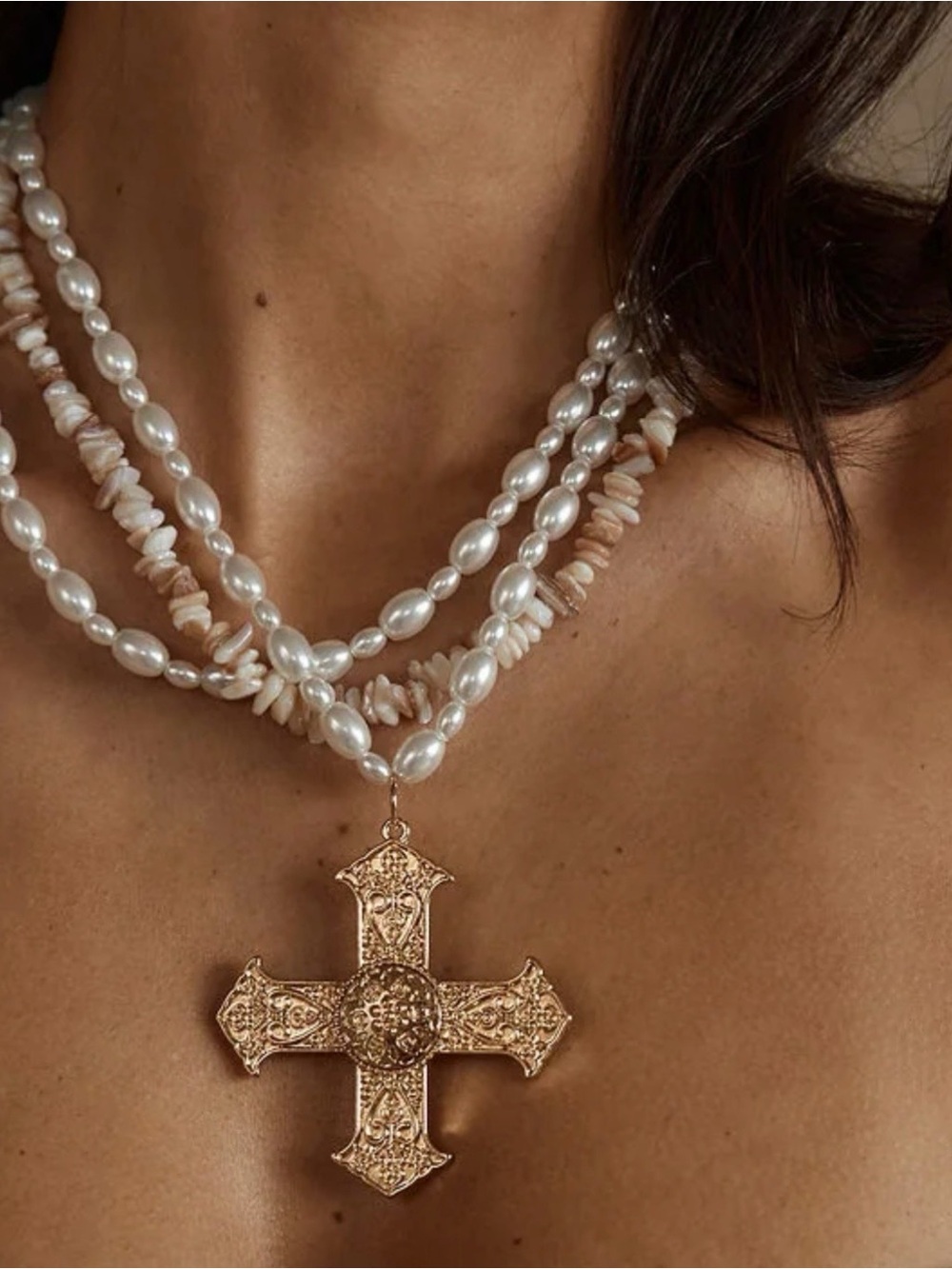 Angelica Gold Pearl Cross Statement Necklace - White Pearls